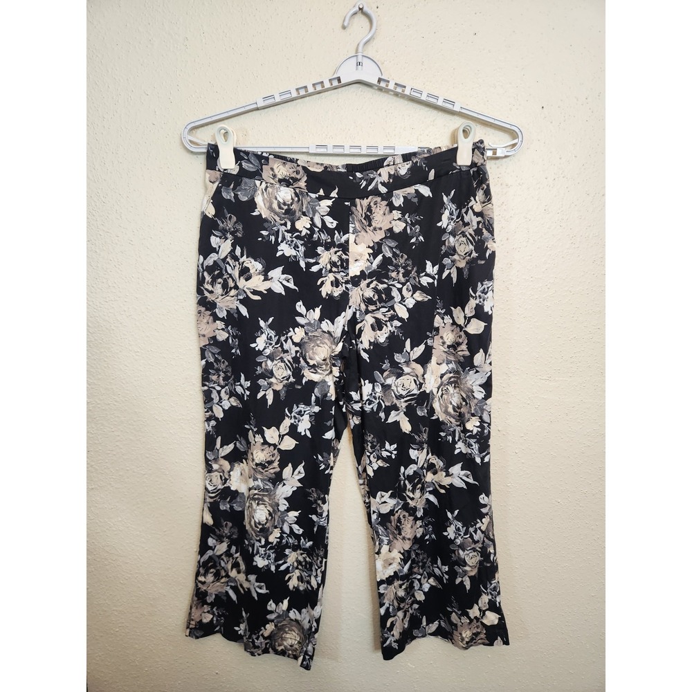 Isaac Mizrahi Live Womens XL Black Floral Crop Pants Wide Leg Lyocell Elastic